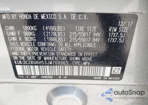 2018 Honda Hr-V Ex z USA, uszkodzony, nr VIN 3CZRU6H53JM709965